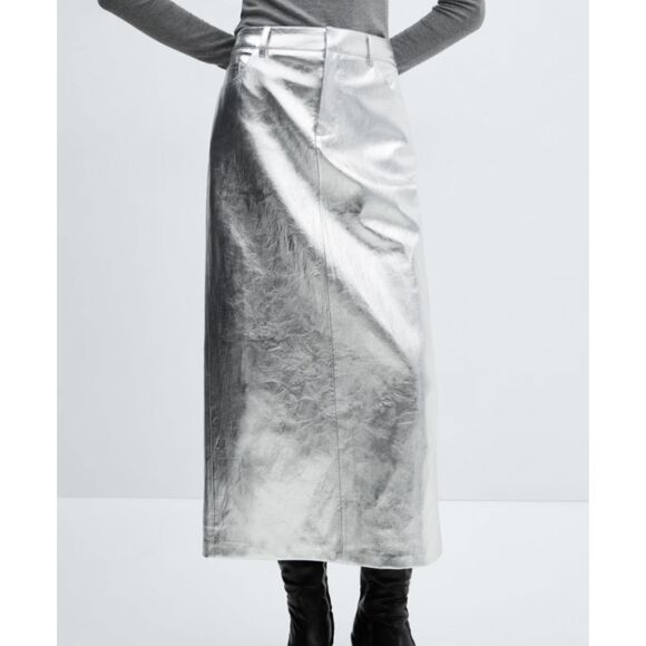 MNG Mango Metallic Faux Leather Midi Skirt in Silver - Size 8 NEW (Orig. $70) - Picture 1 of 8